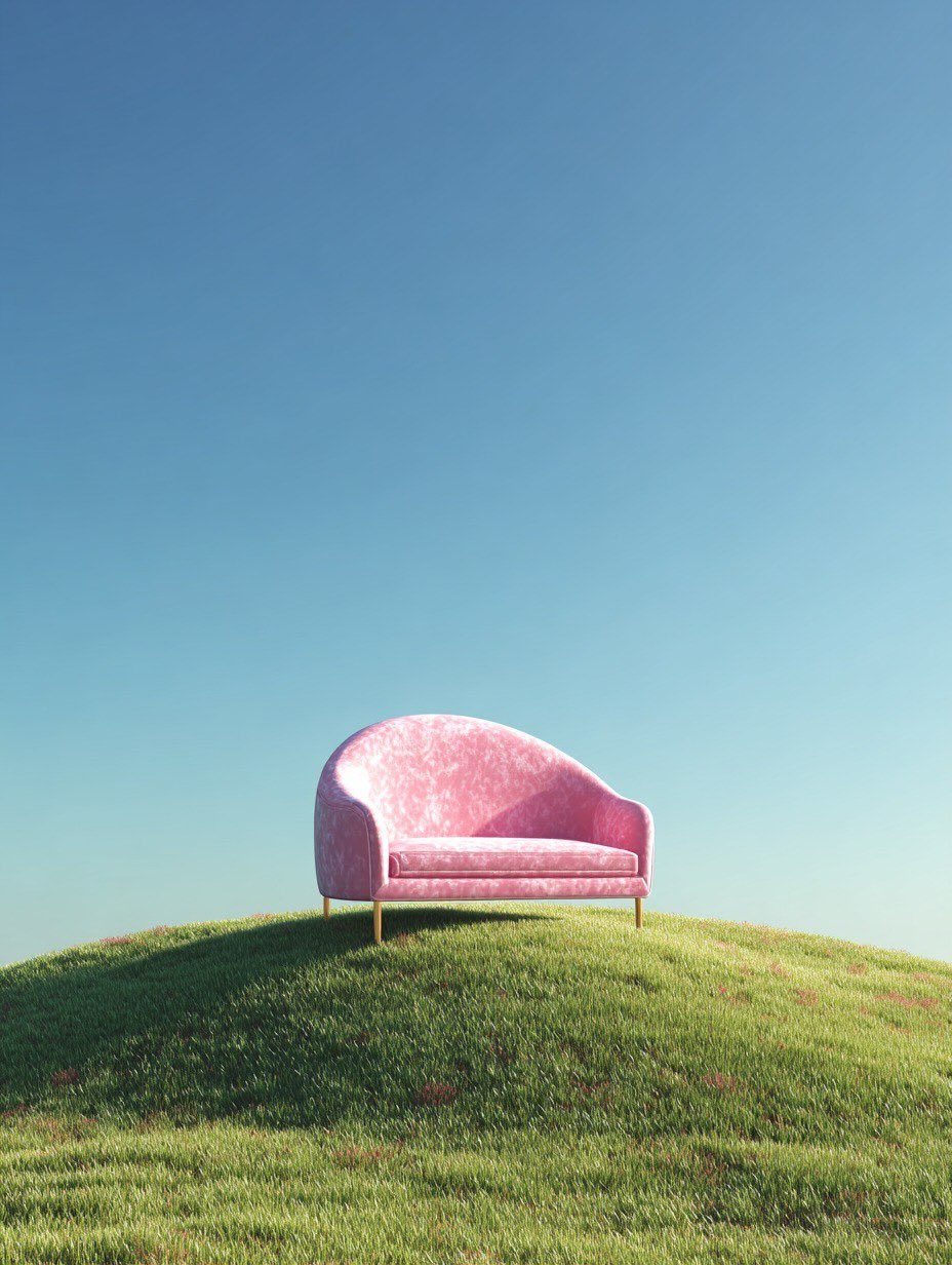 Seedance 2.0 video: Minimal Surreal Pink Sofa on Green Hill Landscape