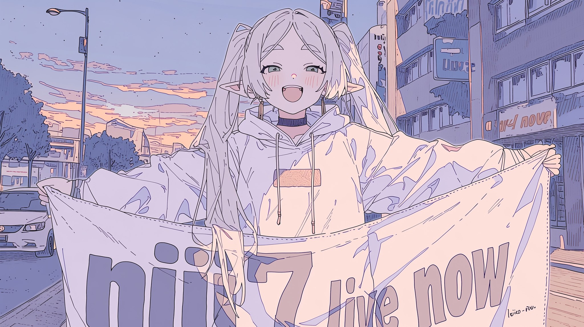 Seedance 2.0 video: Frieren holding a banner with the text "niji 7 live now"