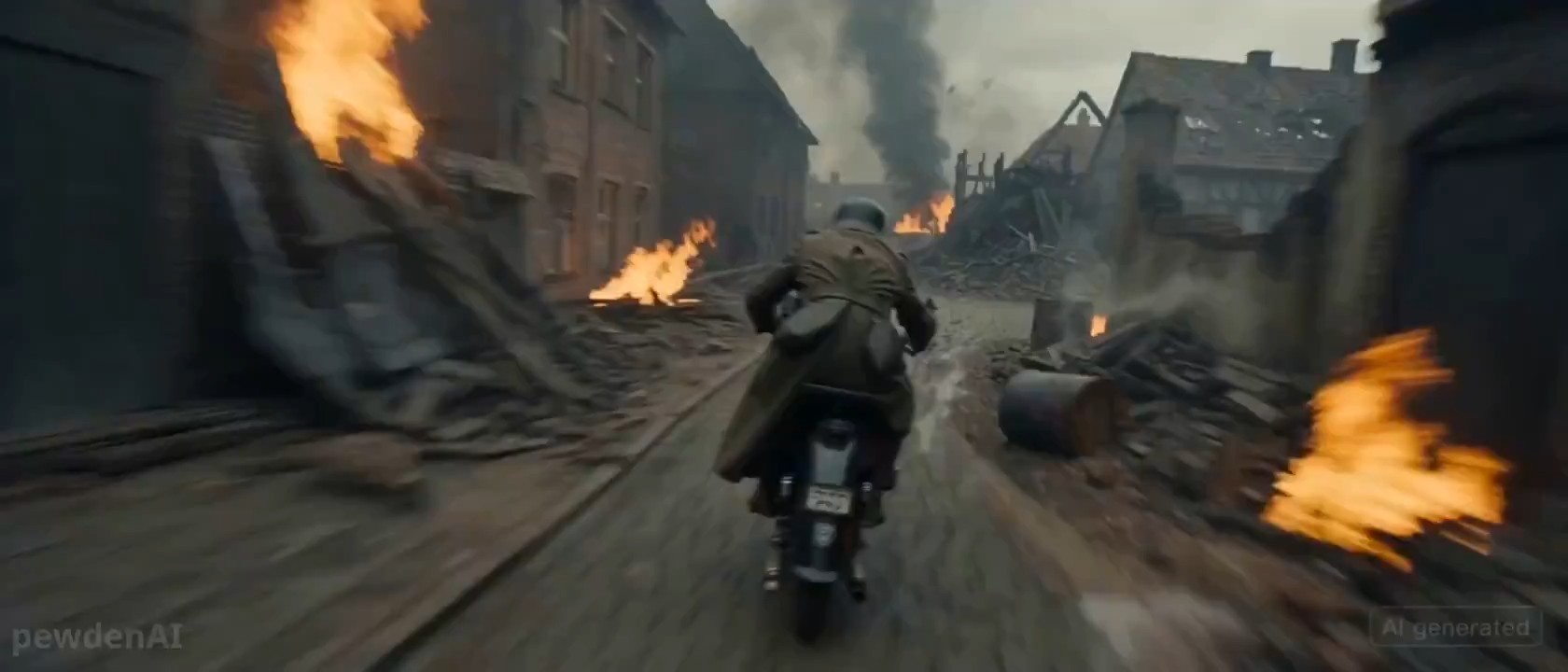 Seedance 2.0 video:  a cinematic WW2 motorcycle escape sequence